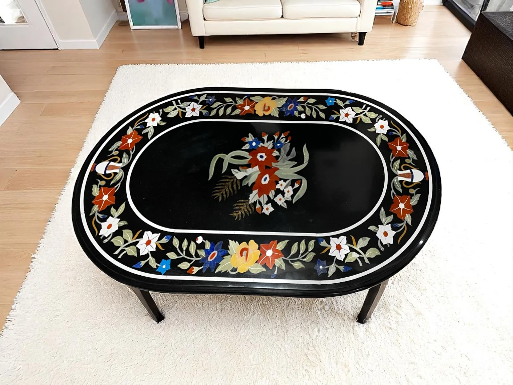 Oval Marble Table with Semi Precious Art